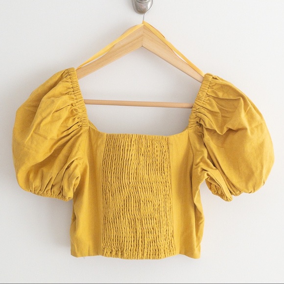 NWT Band of Gypsies Boho Yellow Tie Front Short Balloon Sleeves Linen Top, XS - Picture 7 of 7